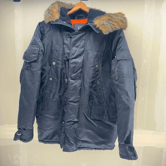 Vintage 2003 GAP Snorkel N-3b Parka Blue Faux Fur Hooded Jacket Mens S Military